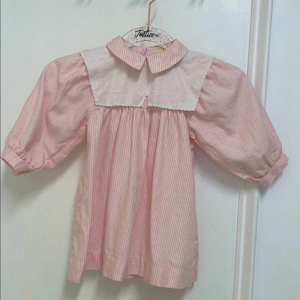 Vintage 1980’s Pink White Striped Girls 100% Cotton Pinafore Dress Size 6 Months